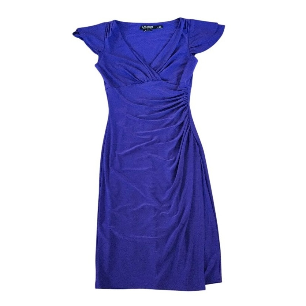 Lauren Ralph Lauren Purple Flutter Sleeve Ruched Sheath Dress Size 0 Classic